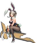  absurdres alternate_costume animal_ears battle_bunny_riven blue_eyes breasts bunny_ears bunny_tail bunnysuit carrot cleavage daeho_cha folded_ponytail highres large_breasts league_of_legends lips pantyhose riven_(league_of_legends) short_hair silver_hair sitting smile tail unfinished weapon 