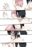  1girl bad_id bad_pixiv_id bandages bite_mark black_hair blush comic green_eyes haruno_sakura hetero imminent_kiss implied_sex naruto naruto_(series) open_mouth pink_hair shi_er_xian short_hair sweat uchiha_sasuke 