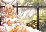  bare_shoulders breasts cleavage dark_skin detached_collar dress gloves green_eyes hair_ribbon highres horns large_breasts long_hair looking_at_viewer pixiv_fantasia pixiv_fantasia_t pointy_ears realmbw ribbon sitting solo tree white_dress white_gloves 