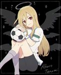  afuro_terumi ball bike_shorts blonde_hair character_name chromatic_aberration halo inazuma_eleven inazuma_eleven_(series) long_hair male_focus otoko_no_ko pikara red_eyes smile soccer_ball soccer_uniform solo sparkle sportswear telstar very_long_hair wings 