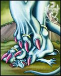  2004 anthro barefoot blue_eyes blue_scales castle claws dragon english_text feet female foot_focus grass horn hybrid jewelry kali male markie nude open_mouth outside reptile ring scalie size_difference slit_pupils snake squish teeth text toe_claws 