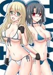  :d atago_(kantai_collection) beret bespectacled bikini black_gloves black_hair blonde_hair blue_bikini blush breasts character_name choker cleavage covered_nipples glasses gloves green_eyes hat kantai_collection large_breasts long_hair midriff multiple_girls navel open_mouth oyabun_(higashi) red-framed_eyewear red_eyes semi-rimless_eyewear short_hair side-tie_bikini smile string_bikini swimsuit takao_(kantai_collection) under-rim_eyewear white_bikini 