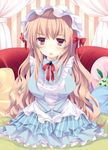  ajiriko apron bad_id bad_pixiv_id banned_artist blonde_hair blue_dress brooch commentary_request couch curtains dress hat highres jewelry juliet_sleeves long_hair long_sleeves mob_cap open_mouth original pillow pink_eyes puffy_sleeves sitting solo v_arms very_long_hair 
