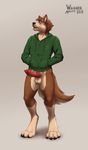  2015 animal_genitalia anthro balls blush canine canine_penis clothing hoodie jacket knot male mammal nathan penis solo wagnermutt 