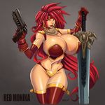  armor artist_name battle_chasers bikini_armor breasts character_name curvy devil-v earrings green_eyes gun huge_breasts huge_weapon jewelry legs lips lipstick long_hair makeup naughty_face red_hair red_legwear red_monika simple_background solo sword thigh_gap thighhighs thighs very_long_hair weapon wide_hips 