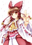  ascot bare_shoulders bow brown_hair cherry_blossoms detached_sleeves hair_bow hair_tubes hakurei_reimu minase_(dragon_panda) petals solo touhou 