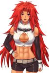  :d abs belt blush breasts cleavage clenched_hand detached_sleeves fingerless_gloves gloves hand_on_hip headband large_breasts long_hair midriff muscle muscular_female mylovelydevil navel open_mouth purple_eyes queen's_blade red_hair risty shorts smile solo spiked_hair teeth 