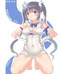  2015 :t artist_name barefoot black_hair blue_eyes blue_ribbon blush breasts covered_navel covered_nipples dated dungeon_ni_deai_wo_motomeru_no_wa_machigatteiru_darou_ka gloves hands_on_hips hestia_(danmachi) imazon kneeling large_breasts long_hair navel panties pantyshot rei_no_himo ribbon twintails underwear very_long_hair 