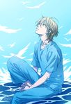  ahoge aldnoah.zero bird blue_eyes flock looking_up male_focus pants shan2000 shirt silhouette silver_hair sitting slaine_troyard solo water 