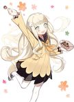  :d arm_up blue_eyes buun_ko floral_background flower food hair_flower hair_ornament light_brown_hair long_hair long_sleeves looking_at_viewer open_mouth pantyhose persona persona_q:_shadow_of_the_labyrinth persona_q_(series) rei_(persona_q) sailor_collar smile solo standing standing_on_one_leg takoyaki very_long_hair white_legwear 