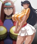  belt black_hair blue_eyes breasts curvy dark_skin erect_nipples framed_breasts highres honoo_jun huge_breasts impossible_clothes impossible_shirt long_hair looking_at_viewer looking_to_the_side mazinger_z miniskirt puffy_nipples shiny_skin shirt skirt solo thick_thighs thighs venus_a wide_hips yukimaru_(gojo) 