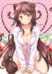  :3 absurdres animal_ears bad_id bad_pixiv_id blush breasts brown_eyes brown_hair cat_ears cleavage clover cream food food_on_body four-leaf_clover fruit highres jewelry large_breasts long_hair navel necklace original pendant shirt sitting smile solo strawberry takeashiro thighhighs wariza 