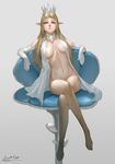  ariverkao blonde_hair bottomless breasts crossed_legs crown elbow_gloves gloves grey_background large_breasts legs long_hair looking_at_viewer navel original pink_eyes pointy_ears simple_background sitting solo thighs 