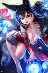  ahri animal_ears bare_shoulders black_hair blue_fire breasts cleavage collarbone detached_sleeves dress fang fingernails fire fox_ears fox_tail hand_on_own_cheek heart heart-shaped_pupils highres korean_clothes large_breasts league_of_legends leaning_forward long_fingernails long_hair low_neckline mossi multiple_tails open_mouth orb outstretched_hand sharp_fingernails short_dress socks solo standing standing_on_one_leg strapless strapless_dress symbol-shaped_pupils tail tongue whisker_markings wide_sleeves 