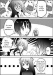  1boy 2girls 4koma ahoge animal_ears cat_ears catstudioinc_(punepuni) collar_grab collared_shirt comic commentary_request emphasis_lines greyscale highres jitome machiro_(catstudioinc) monochrome multiple_girls original puni_(miku_plus) remote_control_vibrator shirt thai translation_request trembling vibrator 