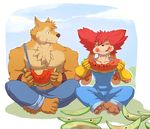  abs anthro biceps canine chest_tuft debbita female fur hair hare lagomorph male mammal muscles nipples o-ro overalls pecs red_hair tuft watermelon wolf wuffle 