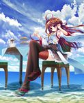  absurdres ahoge blue_sky blush boots breasts brown_eyes brown_hair brown_legwear cake chair cloud cloudy_sky crossed_legs cup day detached_sleeves double_bun food frilled_skirt frills hairband hand_to_head highres ichi_rin kantai_collection kongou_(kantai_collection) large_breasts long_hair looking_at_viewer nontraditional_miko ocean pinky_out pleated_skirt ribbon-trimmed_sleeves ribbon_trim sideboob sitting skirt sky soaking_feet solo table teacup teapot thigh_boots thighhighs tiered_tray tray water 