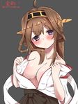  ahoge bare_shoulders blush breasts brown_hair cleavage collarbone detached_sleeves double_bun grey_background hairband head_tilt headgear kantai_collection kongou_(kantai_collection) large_breasts long_hair looking_at_viewer mitsudoue nontraditional_miko simple_background solo twitter_username undressing upper_body 