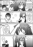  1girl 4koma ahoge animal_ears arm_behind_back bangs blush cat_ears catstudioinc_(punepuni) clenched_hand comic commentary_request computer greyscale half_updo hand_on_another's_head hand_to_own_mouth highres laptop machiro_(catstudioinc) monochrome one_eye_closed original thai translation_request tsundere 