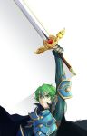  alm_(fire_emblem) armor fire_emblem fire_emblem_echoes:_mou_hitori_no_eiyuuou gloves green_eyes green_hair highres ippers looking_at_viewer male_focus nintendo simple_background smile solo weapon white_background 