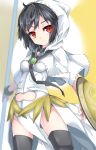  1girl armor armored_dress bangs black_hair black_legwear blurry blurry_background breasts capelet closed_mouth commentary_request depth_of_field dress eyebrows_visible_through_hair fate/grand_order fate_(series) head_tilt highres hood hood_up hooded_capelet medium_breasts ortlinde_(fate/grand_order) red_eyes ribbon-trimmed_capelet ribbon-trimmed_hood ribbon_trim shield smile solo thighhighs uumaru valkyrie_(fate/grand_order) white_capelet white_dress 