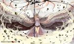  angel_wings barefoot commentary dragon dragon_horns dress gauntlets highres horns leg_ribbon long_hair multiple_wings personification pixiv_fantasia pixiv_fantasia_t pointy_ears polearm ribbon silver_hair sishenfan solo very_long_hair weapon white_dress wind wings yellow_eyes 