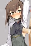  1girl arm_up armpits blush breasts brown_eyes brown_hair covered_nipples erection frottage headband headgear hetero kantai_collection kumadano looking_at_viewer naizuri open_mouth penis penis_under_clothes short_hair small_breasts solo_focus sweat taihou_(kantai_collection) testicles 
