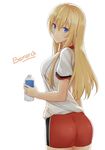  aemu_(august_life) ass bike_shorts bismarck_(kantai_collection) blonde_hair blue_eyes bottle breasts character_name from_behind gym_uniform highres kantai_collection large_breasts long_hair looking_back no_hat no_headwear smile solo water_bottle 
