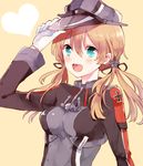  anchor_hair_ornament blonde_hair blue_eyes gloves hair_ornament hair_ribbon hat heart iron_cross kanai_(mahoro) kantai_collection looking_at_viewer open_mouth prinz_eugen_(kantai_collection) ribbon solo twintails 