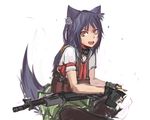  animal_ears assault_rifle black_legwear blue_hair brown_eyes bullet dog_ears dog_tail fang fingerless_gloves galil_ar_(upotte!!) gloves gun highres imi_galil indian_style load_bearing_vest long_hair magazine_(weapon) open_mouth panties_(pantsu-pirate) pantyhose rifle school_uniform serafuku sitting sketch skirt solo tail upotte!! weapon 