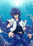  belt blue_hair bubble coral_reef denim dratini fish gen_1_pokemon gen_3_pokemon jeans male_focus pants personification pokemon red_eyes sharpedo underwater waka_(shark_waka) 