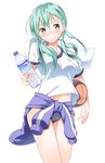  absurdres alternate_hairstyle basketball blush bottle brown_eyes buruma byte_(allbyte) contemporary green_hair gym_uniform hair_ornament hairclip highres kantai_collection looking_away midriff navel short_twintails solo suzuya_(kantai_collection) towel twintails water_bottle 