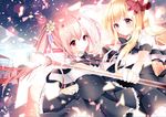  blonde_hair blush bow capelet flower hair_bow hair_flower hair_ornament horns juuoumujin_no_fafnir kabako_(lilypicture410v) light_particles lisa_highwalker long_hair looking_at_viewer multiple_girls pink_hair polearm purple_eyes red_bow red_eyes smile spear tear_lightning twintails weapon 