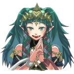  1girl artist_name braid fire_emblem fire_emblem:_fuukasetsugetsu green_eyes green_hair hands_together highres long_hair mamkute multicolored_hair nintendo open_mouth own_hands_together pointy_ears solo sothis soyuki511 tiara transparent_background twin_braids upper_body 