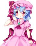  1girl ascot bangs blue_hair blush brooch chocolat_(momoiro_piano) collared_dress commentary_request dress eyebrows_visible_through_hair frilled_shirt_collar frills hair_between_eyes hat jewelry mob_cap parted_lips pink_dress pink_hat puffy_short_sleeves puffy_sleeves purple_neckwear red_eyes remilia_scarlet short_sleeves simple_background solo touhou white_background wrist_cuffs 