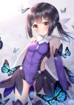  1girl bangs bare_shoulders black_hair blurry blurry_background blush breasts brown_eyes bug butterfly depth_of_field detached_sleeves eyebrows_visible_through_hair eyes_closed fate/kaleid_liner_prisma_illya fate_(series) gluteal_fold groin hair_ornament head_tilt highres insect leotard long_hair long_sleeves miyu_edelfelt puririn purple_leotard purple_sleeves sleeves_past_wrists small_breasts smile solo twintails x_hair_ornament 