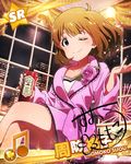  ;) bathrobe beamed_eighth_notes blue_eyes brown_hair card_(medium) character_name character_signature cityscape crossed_legs idolmaster idolmaster_million_live! looking_at_viewer musical_note official_art one_eye_closed shampoo_bottle short_hair smile solo suou_momoko 