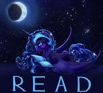  2015 blue_eyes blue_hair crescent_moon cutie_mark english_text equine eyeshadow fangs female friendship_is_magic hair helmet horn looking_at_viewer lying makeup mammal moon my_little_pony nightmare_moon_(mlp) reading slit_pupils solo sparkels star text viwrastupr winged_unicorn wings 