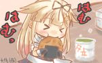  &gt;_&lt; black_gloves blonde_hair chibi closed_eyes commentary_request cup eating gloves gradient_hair green_tea hair_flaps hair_ornament hair_ribbon hairclip kantai_collection long_hair multicolored_hair pleated_skirt remodel_(kantai_collection) ribbon scarf school_uniform senbei serafuku signature skirt solo taisa_(kari) tea white_scarf yunomi yuudachi_(kantai_collection) 