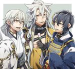  armor black_hair blue_eyes dango food gloves japanese_armor japanese_clothes kiragera kogitsunemaru male_focus mikazuki_munechika multiple_boys open_mouth red_eyes sanshoku_dango sayagata shoulder_armor smile sode sweat touken_ranbu tsurumaru_kuninaga wagashi white_hair yellow_eyes 