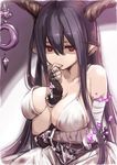  bare_shoulders black_hair blood bloody_clothes bloody_dress breasts cleavage_cutout danua demon_horns downscaled draph dress fingerless_gloves gloves granblue_fantasy hand_to_own_mouth highres horns image_sample inou_shin large_breasts looking_at_viewer md5_mismatch nervous pointy_ears red_eyes resized solo twitter_sample white_dress 