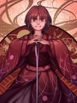  commentary hand_on_hilt japanese_clothes kimono mefomefo needle oversized_object purple_eyes purple_hair short_hair smile sukuna_shinmyoumaru touhou weapon 