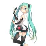  ass barefoot bridal_gauntlets elbow_gloves from_behind gloves green_eyes green_hair hatsune_miku hatsune_miku_(append) highres kuroi_(liar-player) leotard long_hair looking_back microphone official_art smile solo thighhighs transparent_background twintails uchi_no_hime-sama_ga_ichiban_kawaii very_long_hair vocaloid vocaloid_append 