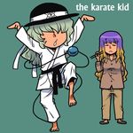  :&lt; blonde_hair blue_hair chopsticks commentary_request gradient_hair hat hijiri_byakuren karate komeiji_koishi long_hair multicolored_hair multiple_girls onikobe_rin open_mouth purple_hair the_karate_kid third_eye touhou 