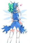  back blue_hair blush bow cirno finger_to_mouth hair_bow heart ice ice_wings kirino_souya looking_back solo thighhighs touhou white_background white_legwear wings 