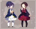  ;) black_hair black_legwear blue_eyes brown_hair crossdressing dress finger_to_mouth kashuu_kiyomitsu male_focus multiple_boys one_eye_closed pantyhose ponita ponytail red_eyes smile touken_ranbu white_legwear yamato-no-kami_yasusada 