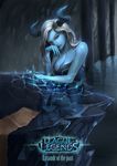  bare_shoulders blue_skin breasts character_name cleavage copyright_name grey_eyes highres horns ice large_breasts league_of_legends lissandra long_hair paper reflection solo tnwjd2tkfkd white_hair 