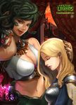  absurdres adjusting_another's_hair armor blonde_hair breasts cassiopeia_du_couteau character_name cleavage closed_eyes copyright_name highres lamia large_breasts league_of_legends long_hair luxanna_crownguard midriff monster_girl multiple_girls navel purple_eyes snake_hair tnwjd2tkfkd 