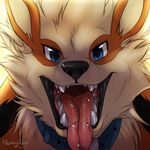  ambiguous_gender arcanine black_fur blue_eyes cute feral fur hair looking_at_viewer nintendo nummynumz open_mouth orange_fur pok&eacute;mon saliva solo teeth tongue tongue_out video_games 