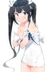  bad_id bad_pixiv_id bare_shoulders black_hair blue_eyes blue_ribbon blush breasts cleavage cleavage_cutout ddal dress dungeon_ni_deai_wo_motomeru_no_wa_machigatteiru_darou_ka gloves hair_ribbon hestia_(danmachi) highres holding large_breasts long_hair looking_at_viewer off_shoulder rei_no_himo ribbon smile solo twintails undressing very_long_hair white_background white_dress white_gloves 
